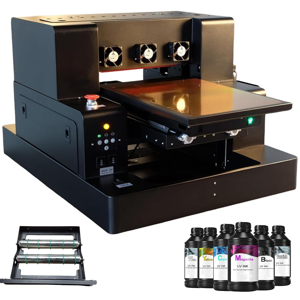 Stampante UV A3 UV Led Flatbed Stampante Multifunzione UV Printer Getto D'inchiostro Portatile USB 1440 x 1440 dpi 220V Con Rotazione per Bottiglie/Carta/Custodia del telefono/Plastica/PVC/Legno/UVDTF