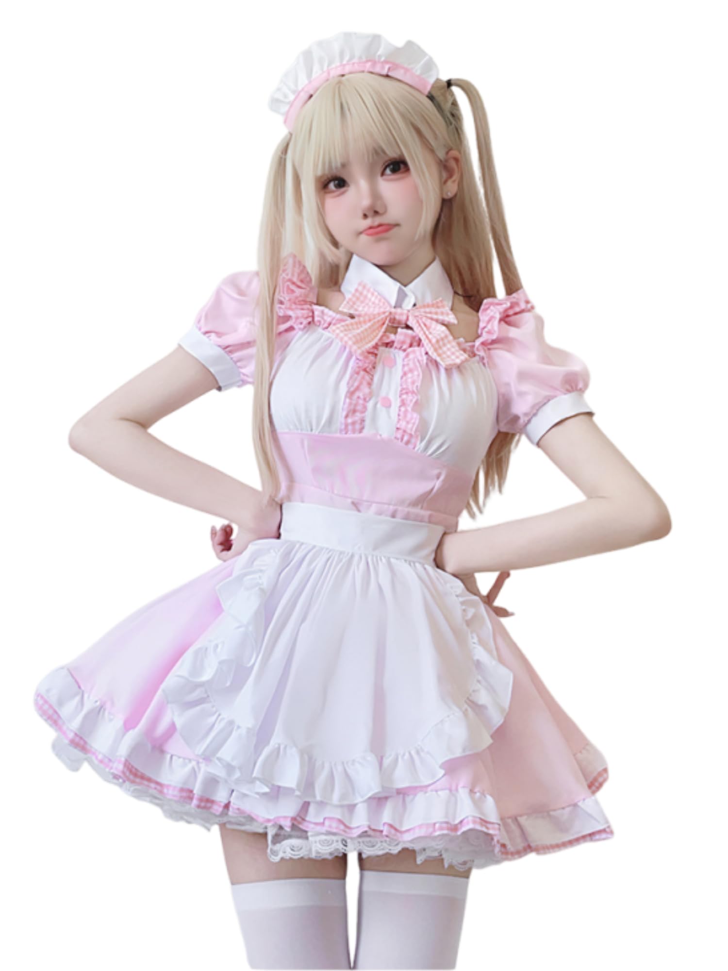 NSPSTT Maid Costume for Woman Pink Check Dress Anime Cosplay Maid Outfit with Stockings XXL