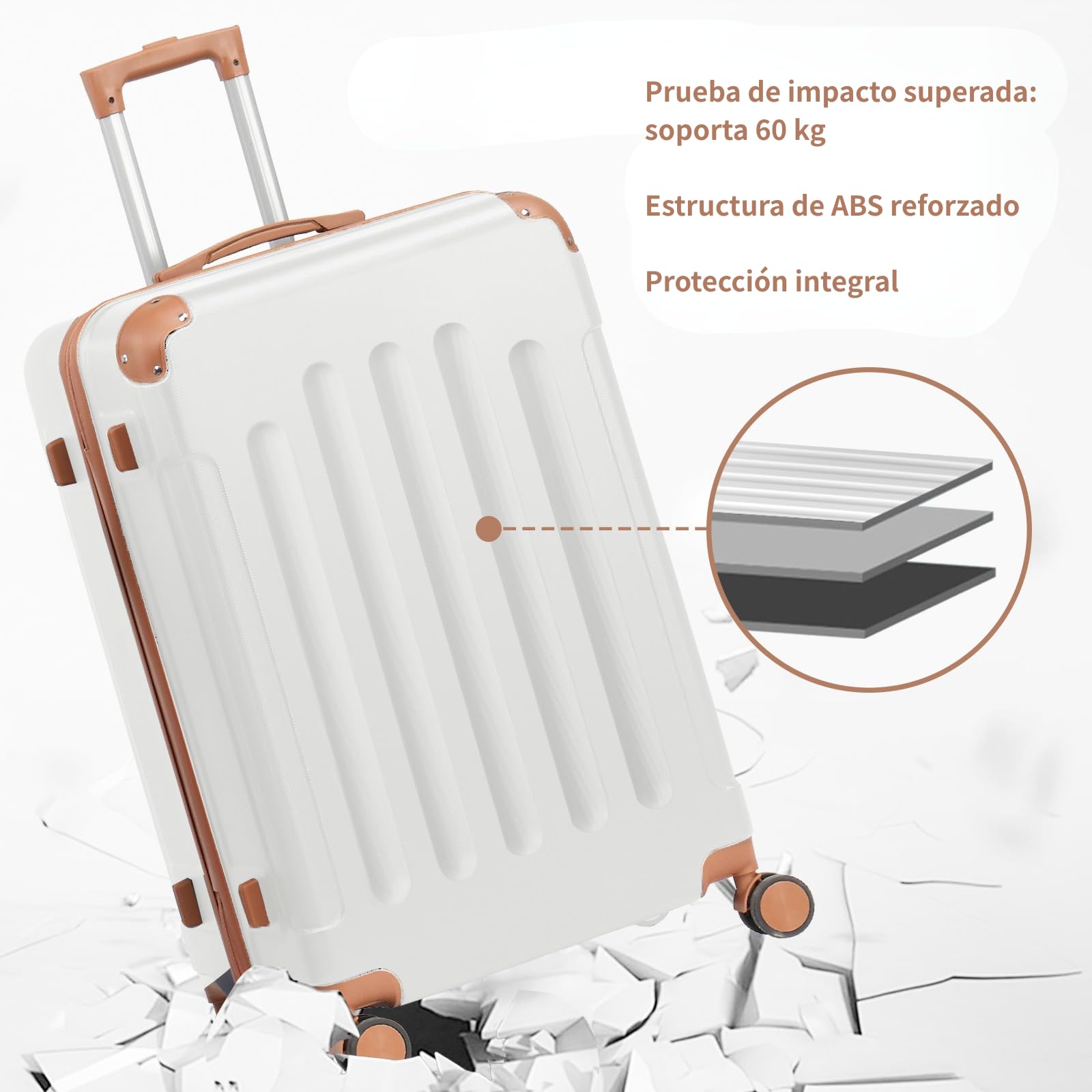 LEADZM Juego de Maletas de 4 Piezas con Neceser (Beige-Marrón) | Maletas de Viaje Grandes 23 Kilos, Maleta Cabina con Refuerzos de Esquina, Mediana, Maleta de Viaje