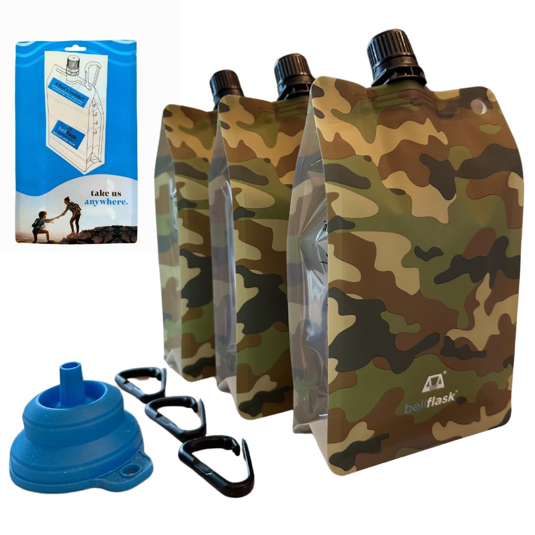 BellFlask - 15 oz. Flask, Patented, Flexible, Metal-Free, Reusuable, Plastic, BPA-Free with Carabiner Clip and Filling Funnel
