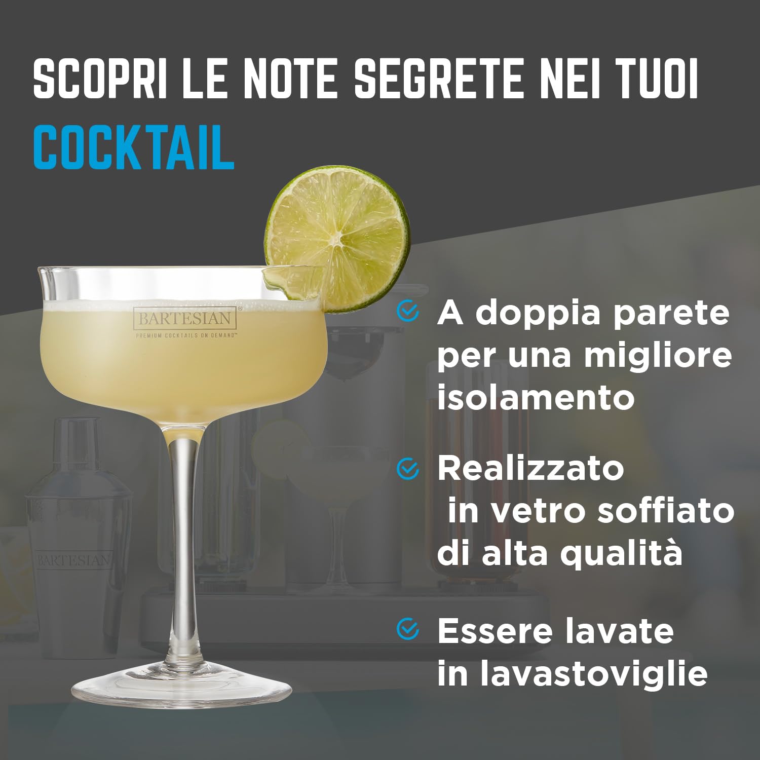 Bartesian Bicchiere Coupe – Bicchieri per Cocktail & Mocktail, Bicchieri da Bar per Cocktail Classici senza Ghiaccio, Bicchiere per Martini, Manhattan, Cosmopolitan, Daiquiri, 207 ml, Set da 2