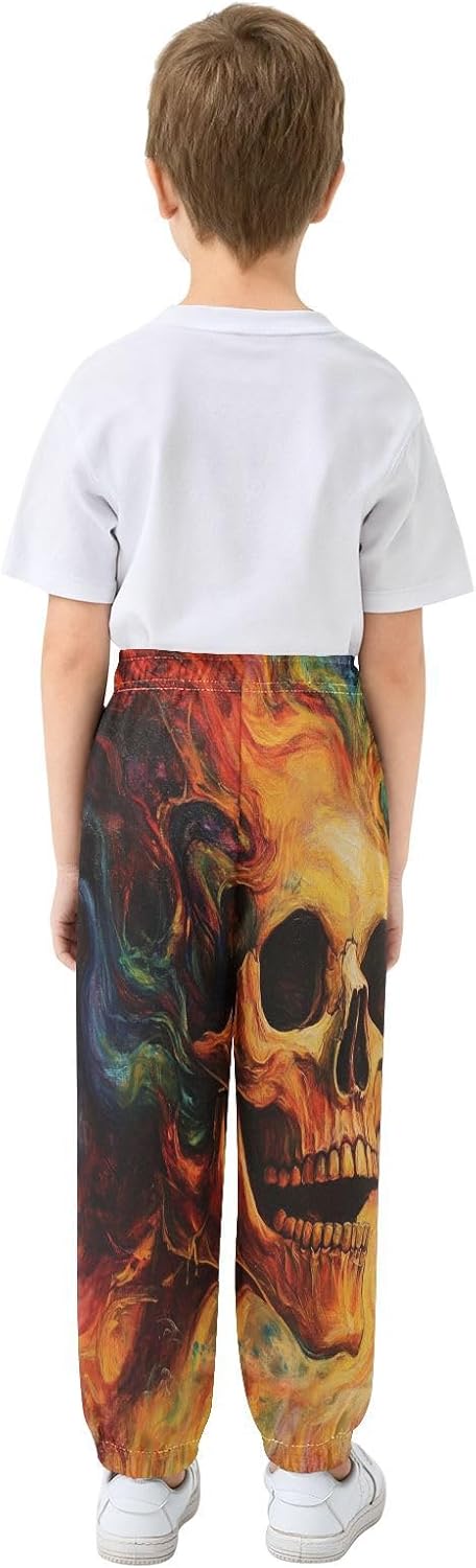 Boy Sweatpants Skull Colorful Flames Joggers Casual Athletic Pants Kids Elastic Waist Cuffed with Pockets