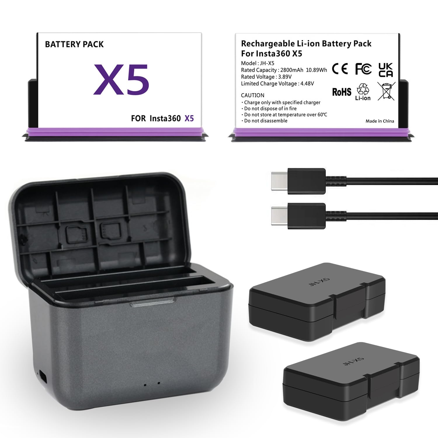 Akku-Set für die Insta 360 X5 (2800 mAh) und 2-Slot-USB-C-Ladegerät, speziell für die Insta 360 X5 Action-Kamera entwickelt, inklusive Misro SD-Karten-Aufbewahrungsbox