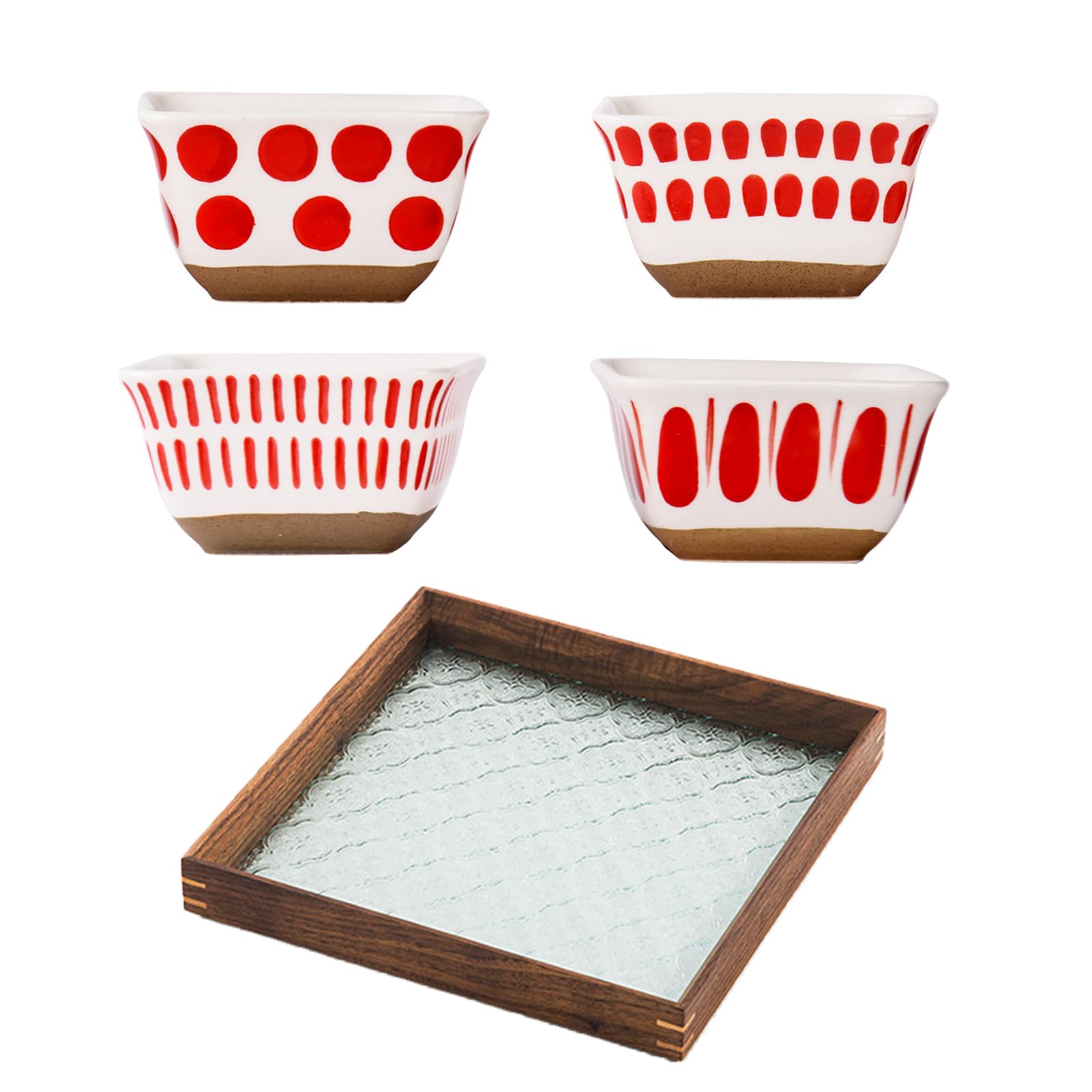 Dxcaicc Plateau De Service Divisé en Céramique avec Fleurs De Bégonia, Émail, Verre, Bois, Plateau À Apéritif, Peint À La Main avec Motif Rouge, Bols Carrés en Céramique,A