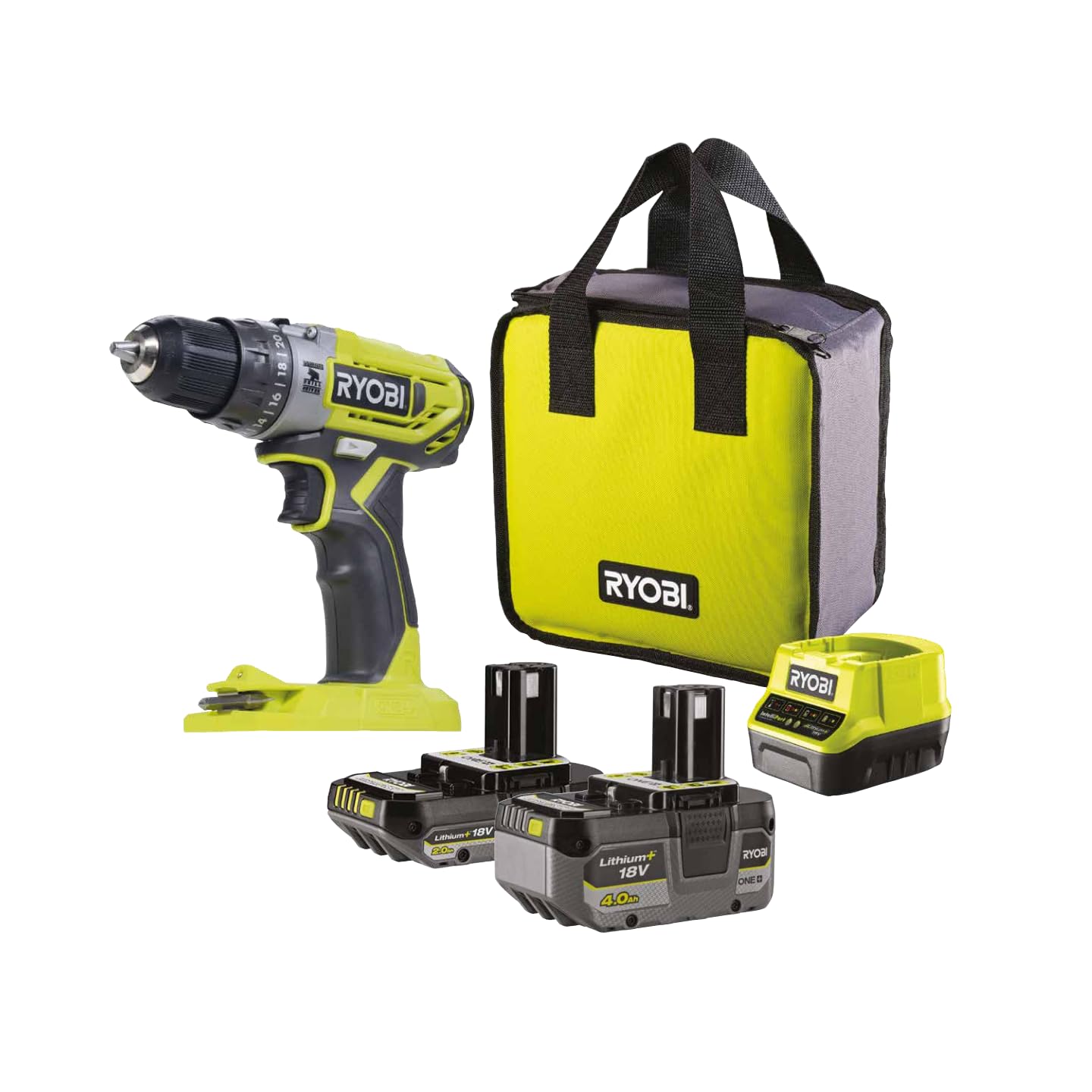 Ryobi R18PD2-242S Trapano Avvitatore a Percussione a Batteria 18V ONE+, Include una Batteria 2.0Ah e una 4.0Ah, 2 Velocità, 24 Regolazioni di Frizione, Luce LED