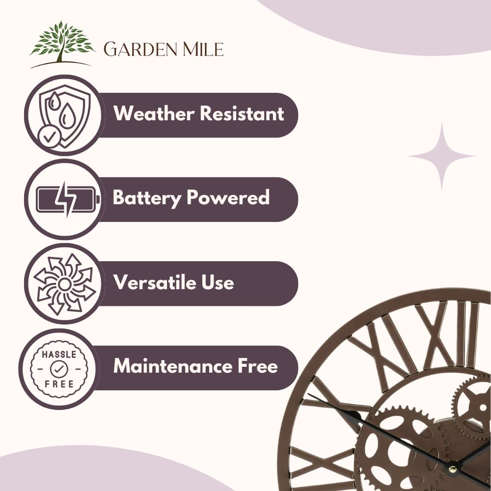 garden mile Orologio da parete tradizionale con numeri romani in stile vintage marrone impermeabile a batteria, grande metallo retrò a ingranaggio rotondo scheletro orologi da parete giardino patio