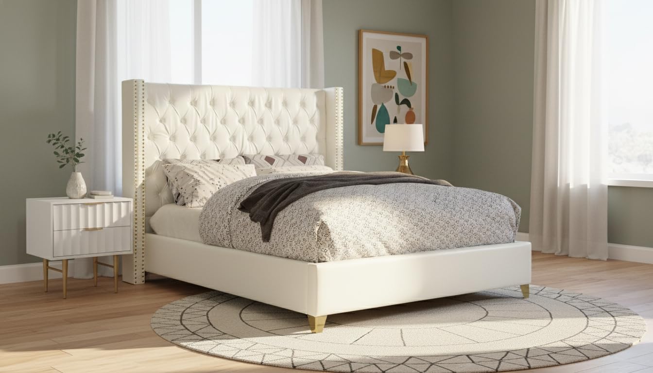 Meridian Furniture Soho Collection Modern | Contemporary Bonded Leather Upholstered Wingback Bed with Deep Button Tufting, Gold Nailhead Trim and Custom Gold Legs, White, Full