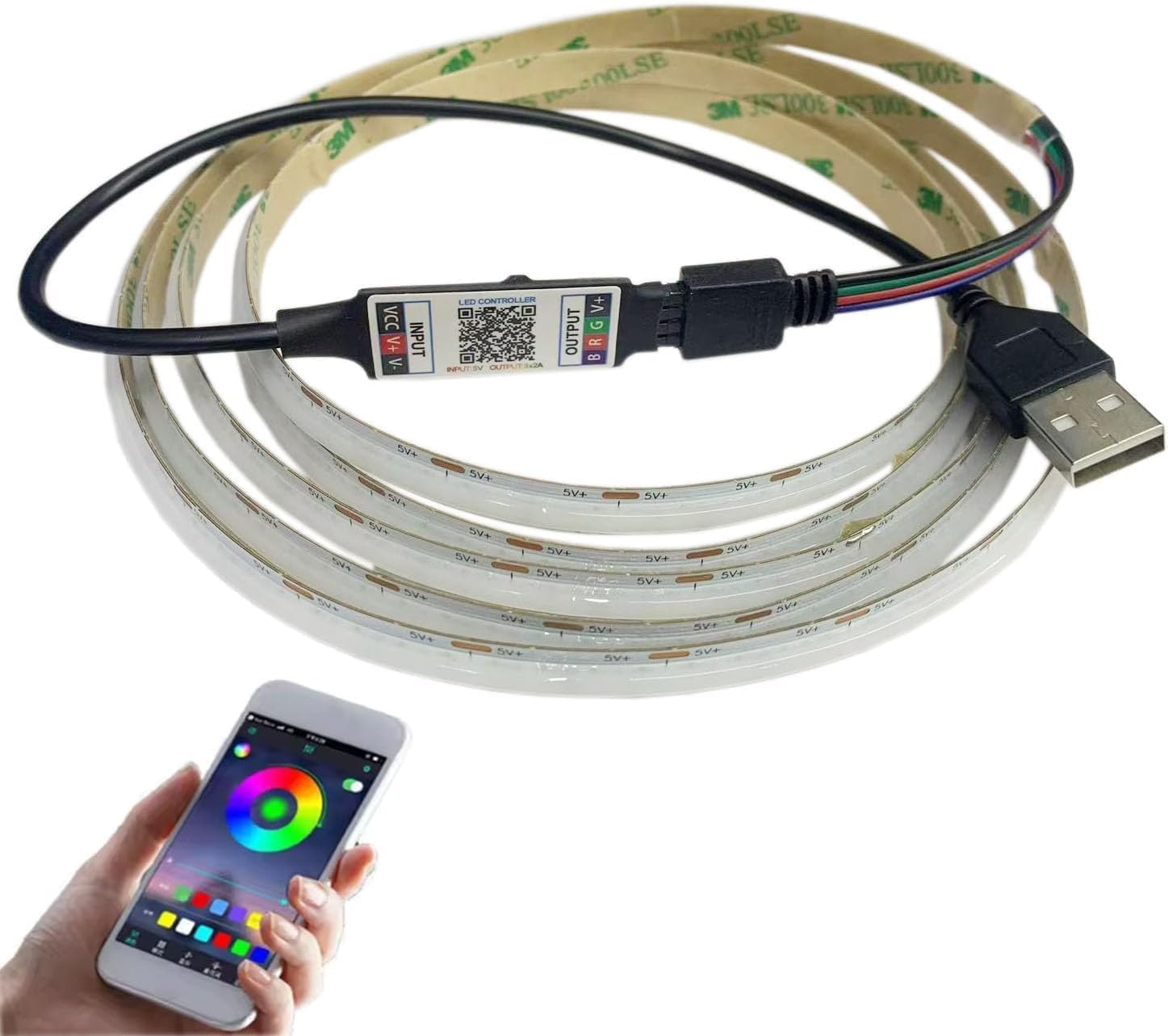 TOPXCDZ 5V USB RGB Bluetooth COB LED Strip Lights Music Sync Timer Setting COB Flexible Light Strip TV Led Backlight for Bedroom Kitchen (RGB (with Bluetooth USB), 1M)
