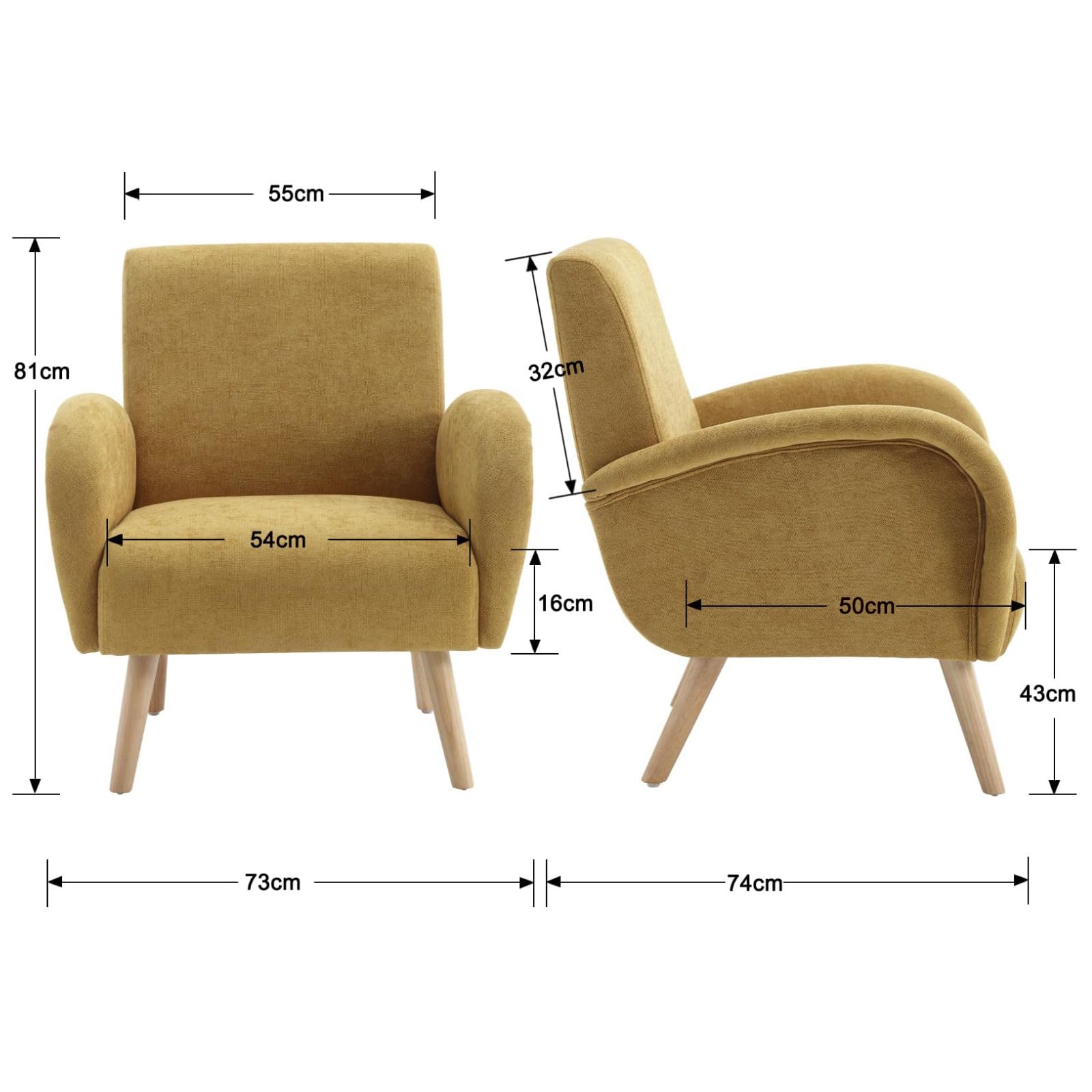 Ya-Home Sessel Wohnzimmer Loungesessel aus Chenille Polstersessel mit Holzbeinen, Clubsessel Sofa für Wohnzimmer/Schlafzimmer, Gelb