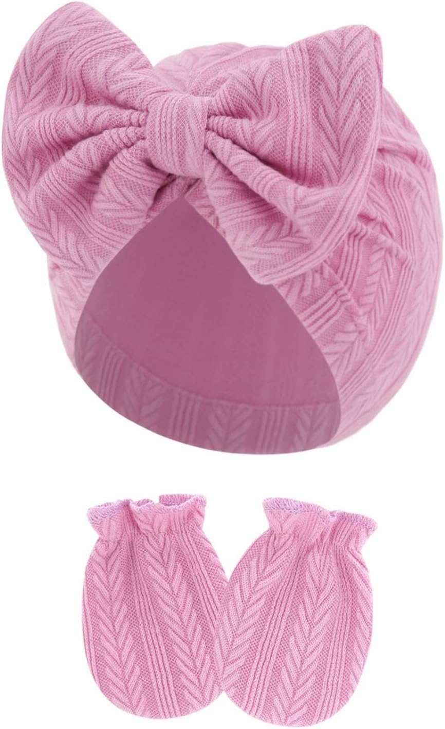 4 Pcs Newborn Hats Mittens Set Infant Cap Bow Hospital Beanie Preemie Hat for Baby Boy Girl 0-6 - Image 6