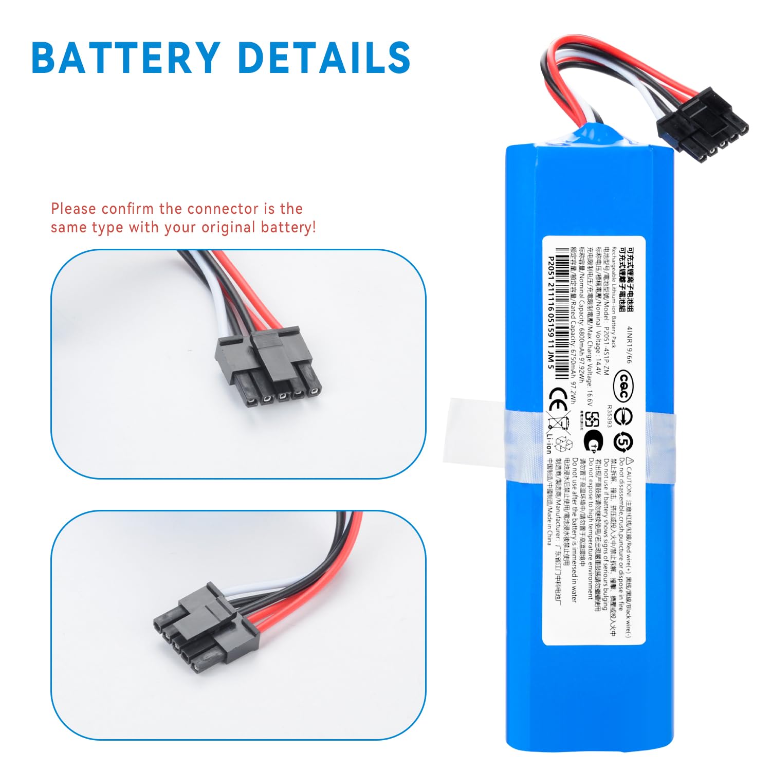 Batterie de rechange Li-ion 14,4 V/6800 mAh pour aspirateur Dreame L40