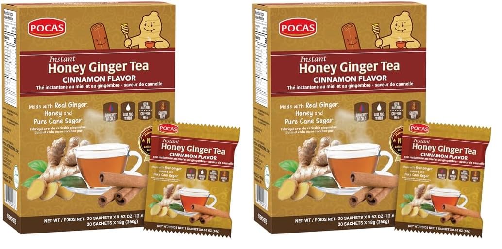Pocas Honey Ginger Tea - Instant Tea Powder Packets with Cinnamon & Ginger Honey Crystals, Non-GMO/Gluten Free/Caffeine Free, 20 Count (Pack of 2)