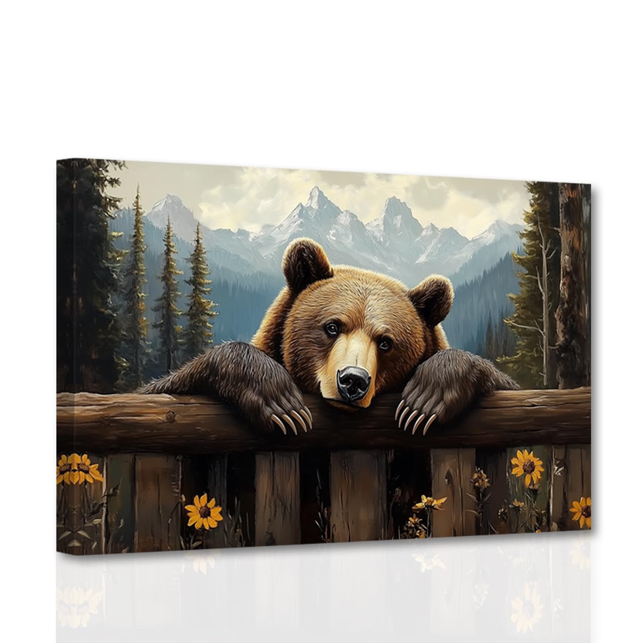 CCWACPP Bear Canvas Wall Art Wild Animal Pictures Forest Bear Painting Hunting Poster Country Scenery Cabin Living Room Decor Framed (40L x 60W cm)