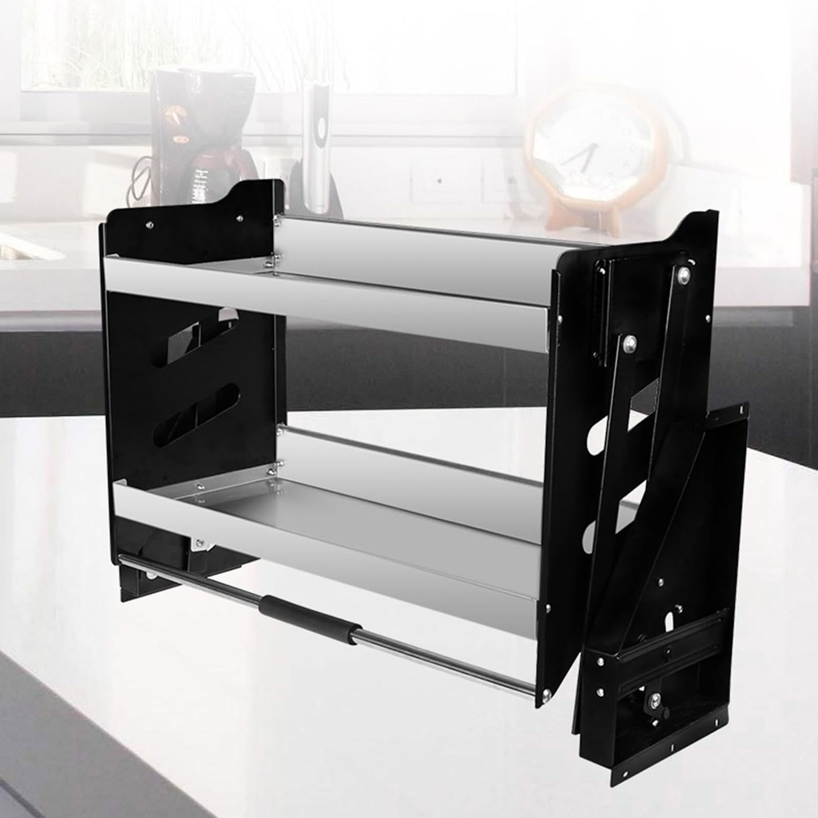 XLTFUC Stainless Steel 2 Tier Pull Down Shelves Cabinet Organizer Blind Pull Out Cutlery And Spice Rack System For Kitchen Appliance Lift Upper Cabinets(81x28x53cm)