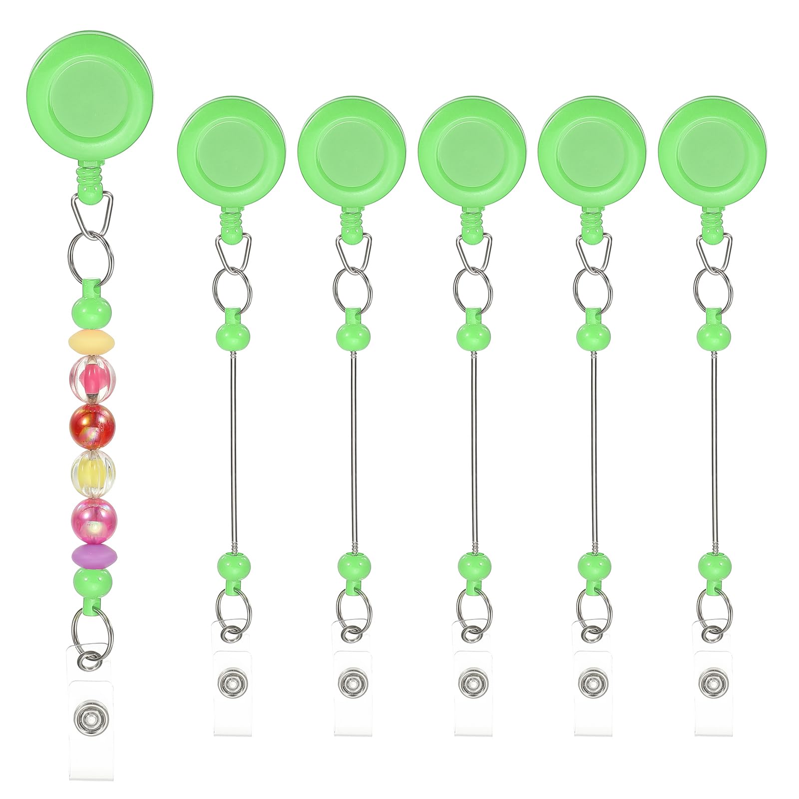 PATIKIL Beadable Badge Reels, 6 Pcs Beaded Retractable Clips Holder Long Badge Reel Bulk Keychain Blank Bar with Belt Clip for ID Name Badge DIY, Office Worker, Green