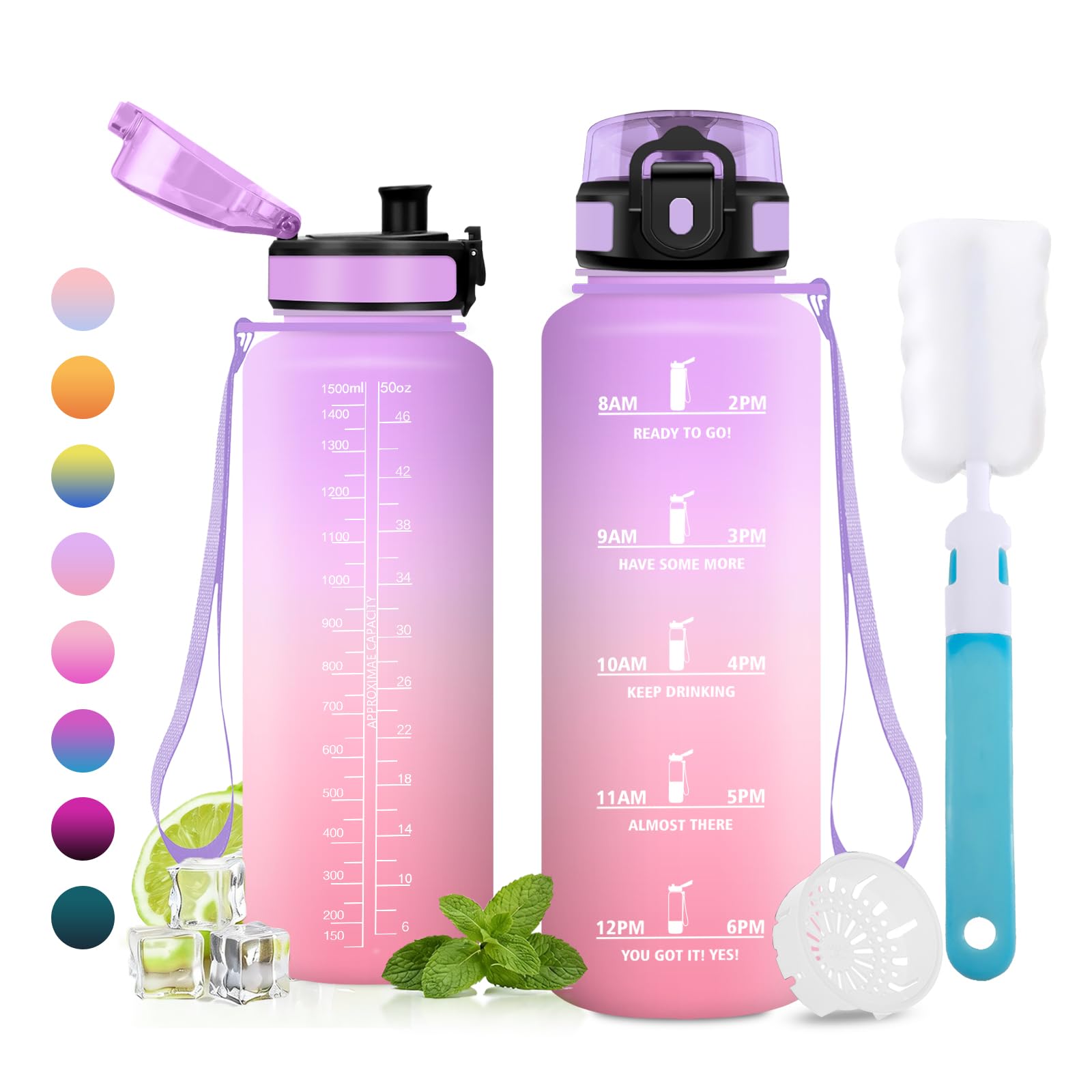 JAPORIA Water Bottle 1.5L, Water Bottle with Time Markers, Water Bottles with Filter, BPA Free Bottle for School, Office