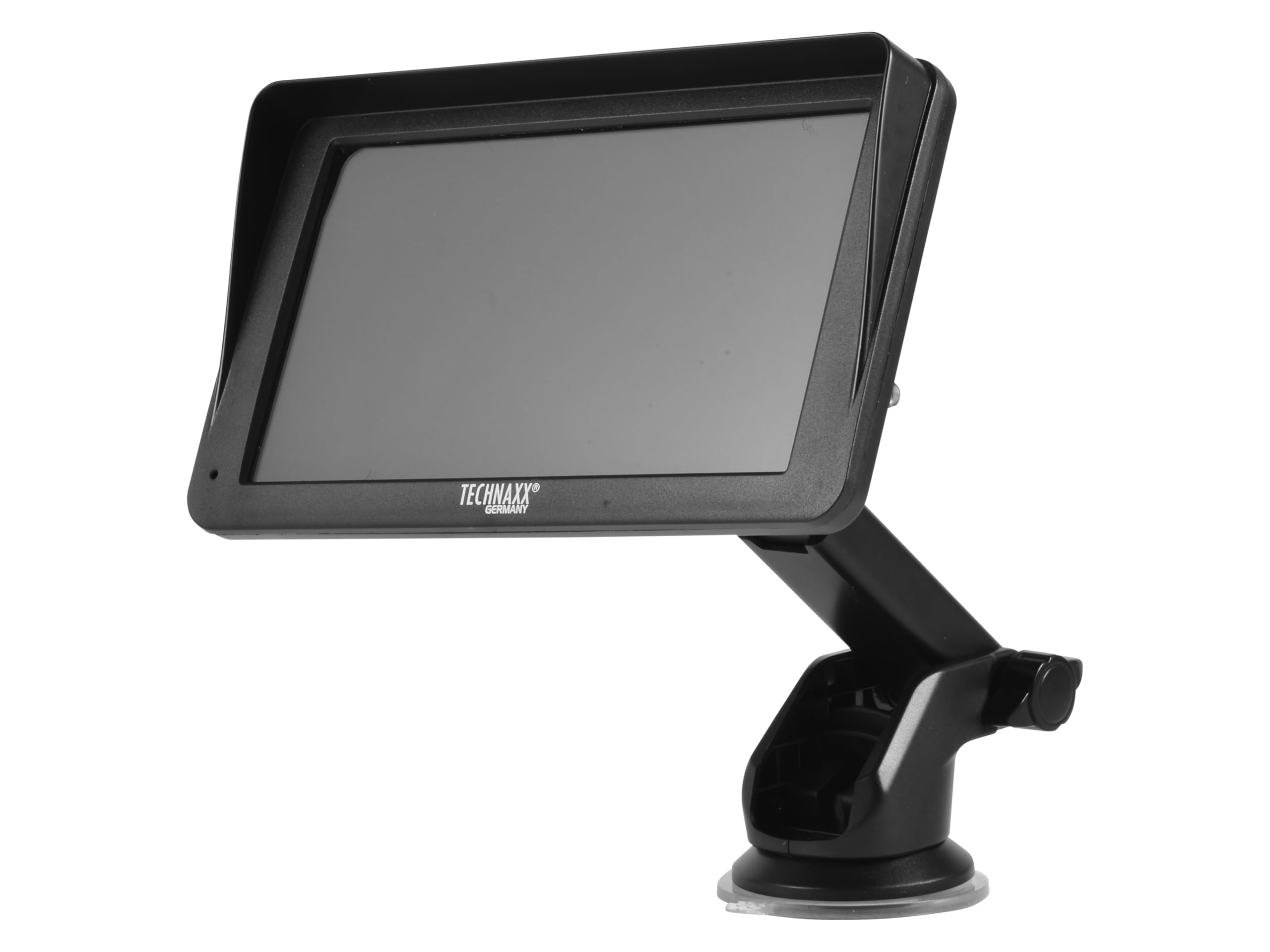 Voorkant view of the Technaxx TX-361 monitor mounted on its suction cup stand.
