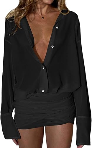 Geulis Women's Sheer Shirt Dresses Summer Long Sleeve Button up Blouse Mesh Sexy