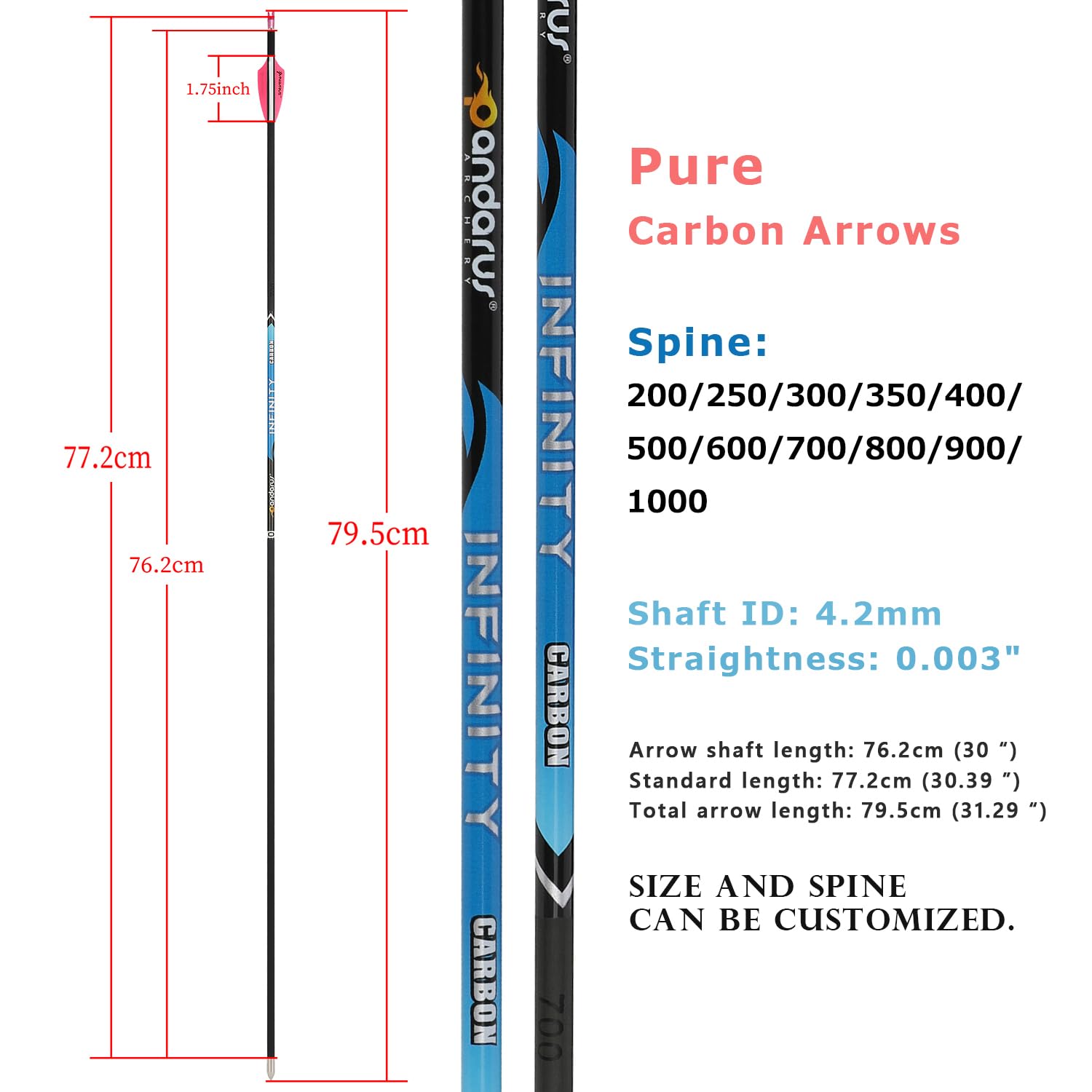 31" Flèche en Carbone Pur pour compétition Spine 200~1500 Flèches de Chasse ± 0,003" ID4,2 mm pour Arc Classique et Arc à poulies 12 pcs
