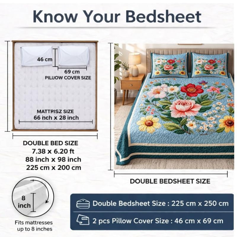 Image of Akshya Double Bedsheet King Size (90x100 Inch) with 2 Pillow Covers | 300 TC Microfiber Soft Bedsheet | Light Blue Floral Printed Flat Bedsheet for Double Bed