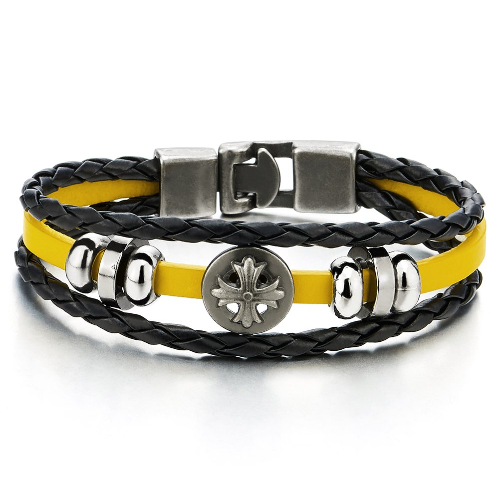 COOLSTEELANDBEYOND Hombre Mujer Tres Hilos Cuero Negro Trenzado Pulsera, Brazalete Con Cruz Octágono Perla Charms, Algodón Cuerda Cadena