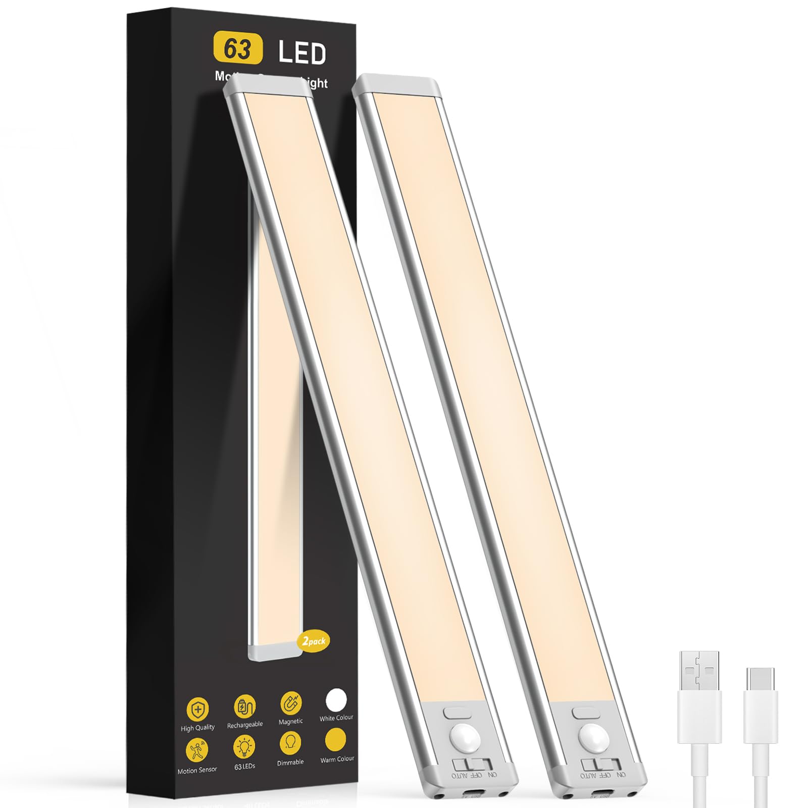 Under Cabinet Kitchen Lights, 2200mAh Rechargeable Motion Sensor Lights Indoor, 63 LED Magnetic Dimmable Under Cupboard Kitchen Lights, Wireless LED Strip Light for Stairs, Wardrobe, Hallway, 2 Pack