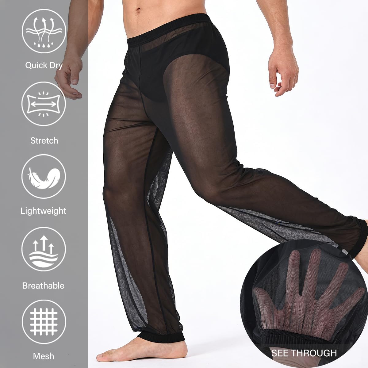 YINYOUYU Mens Mesh Pants See Through Underwear Pajama Bottoms Lounge Home Leggings Sleepwear Cool Dry Yoga Trousers - Image 3