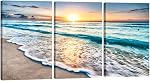 Pyradecor 3 Panneaux Blue Beach Sunrise White Wave Images Peinture sur toile Mur Art moderne Échelle et encadrée paysage de mer Giclee Canvas Imprimés Vue sur la mer Paysage Artwork pour la maison Bureau Décorations