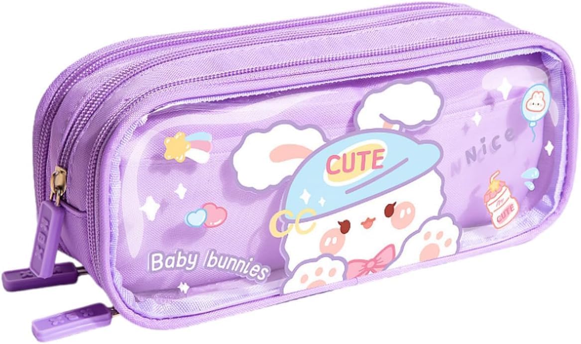 Onpalm Enterprise Canvas Large Capacity Transparent Cute Cartoon Print Pencil Case Three Compartment Aesthetic Pencil Case for Girls Multifunctional Stationery Pouch for School (Purple Baby Bunnies) (B0DGQ84T9N) Amazon Price History, Amazon Price Tracker