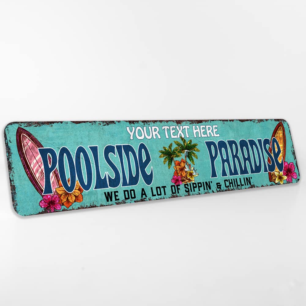 Poolside Paradise Personalized Pool Sign Outdoor Pool Decorations Poolhouse Décor Metal Pool Signs Tiki Décor 4x18 104182002007