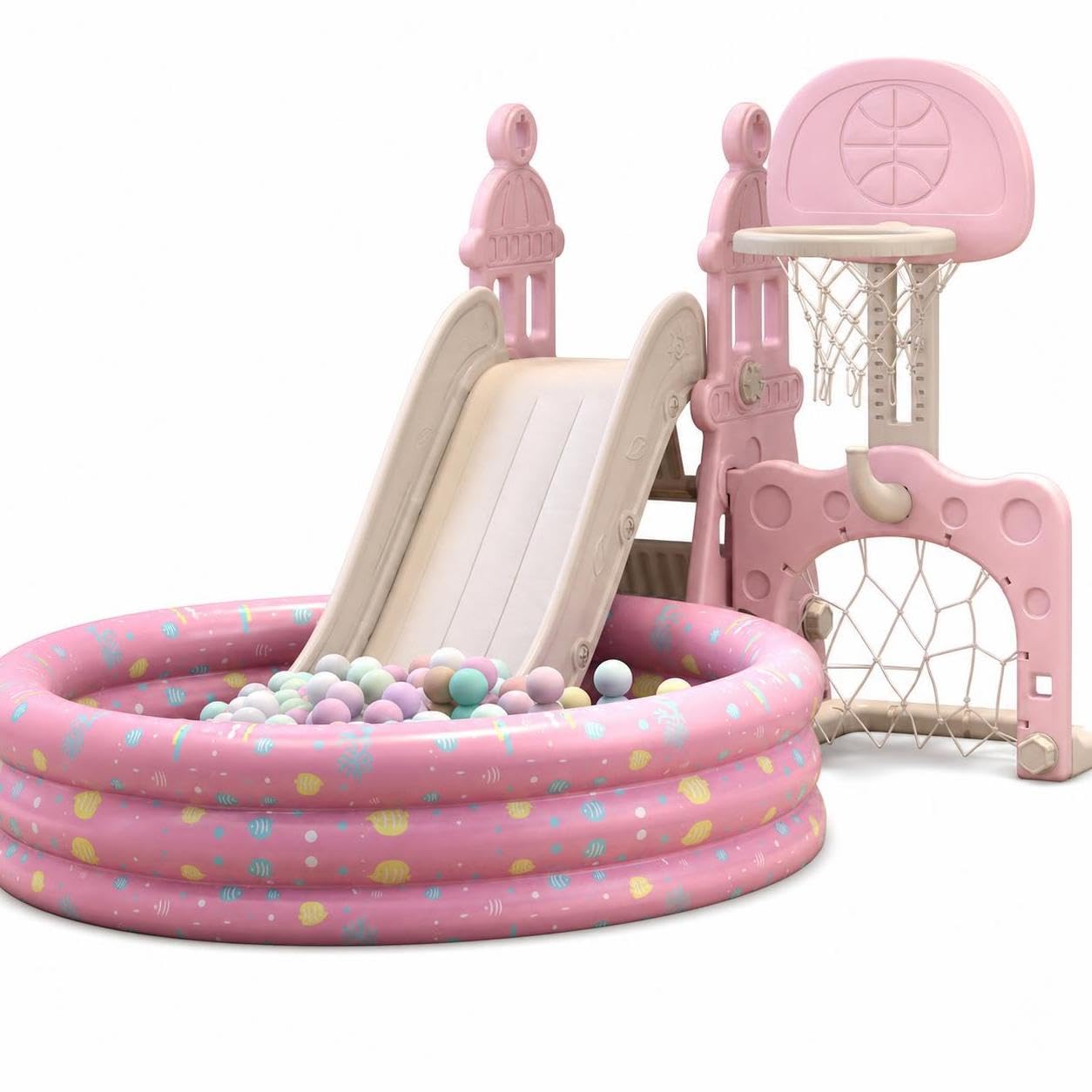 Tobogán Infantil con Columpio y Canasta, Parque Infantil Exterior plástico, Juegos Exterior niños, Infantil para jardín, 0-8 años