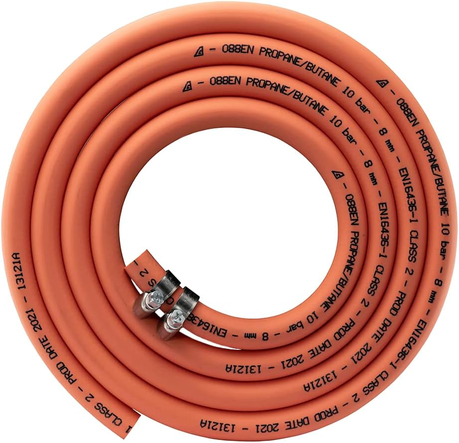 3m Length of 8mm British Standard Gas Pipe for Propane/butaine Date Stamped 2025 + 2 x Hose Clips