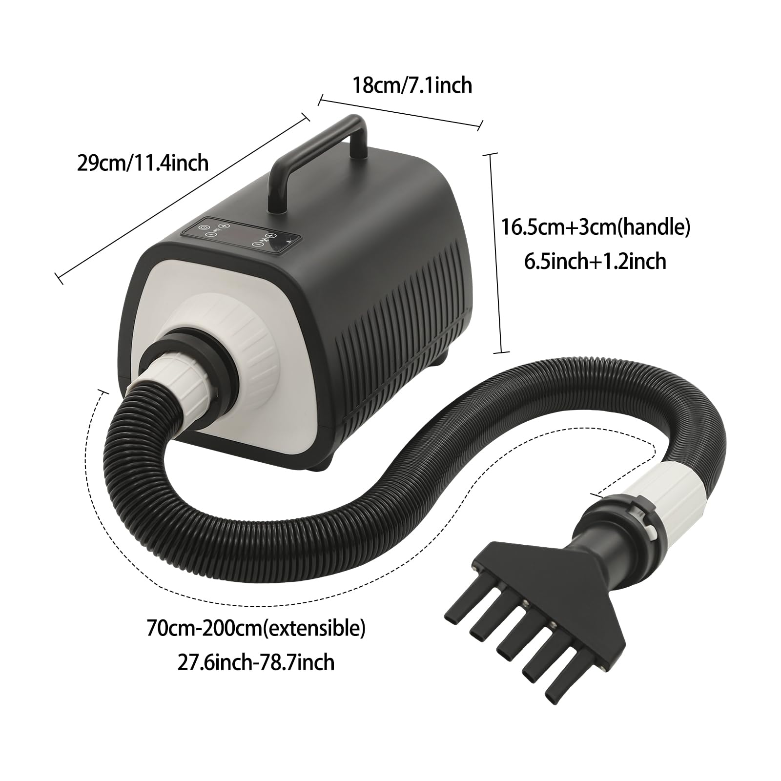 Suszarka dla psa 2100 W, regulowana konstrukcja (1-9 prędkości, regulacja temperatury 25-60°C), suszarka do włosów, dmuchawa z wyświetlaczem LED, 3 dysze, izolowany uchwyt, długa rura powietrzna