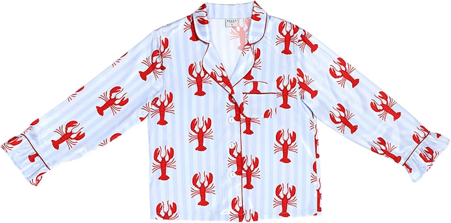 Bella Sleep + Spa Pajamas for Women Loungewear 2-Piece Silky Satin Ruffled Long Sleeve Top and Pants, Large, Blue Stripes + Red Lobsters image 2