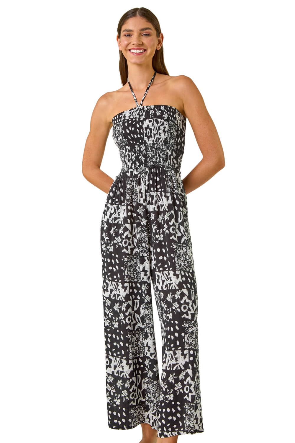 Roman Women's Black Abstract Print Shirred Bandeau Jumpsuit In | : Size 20