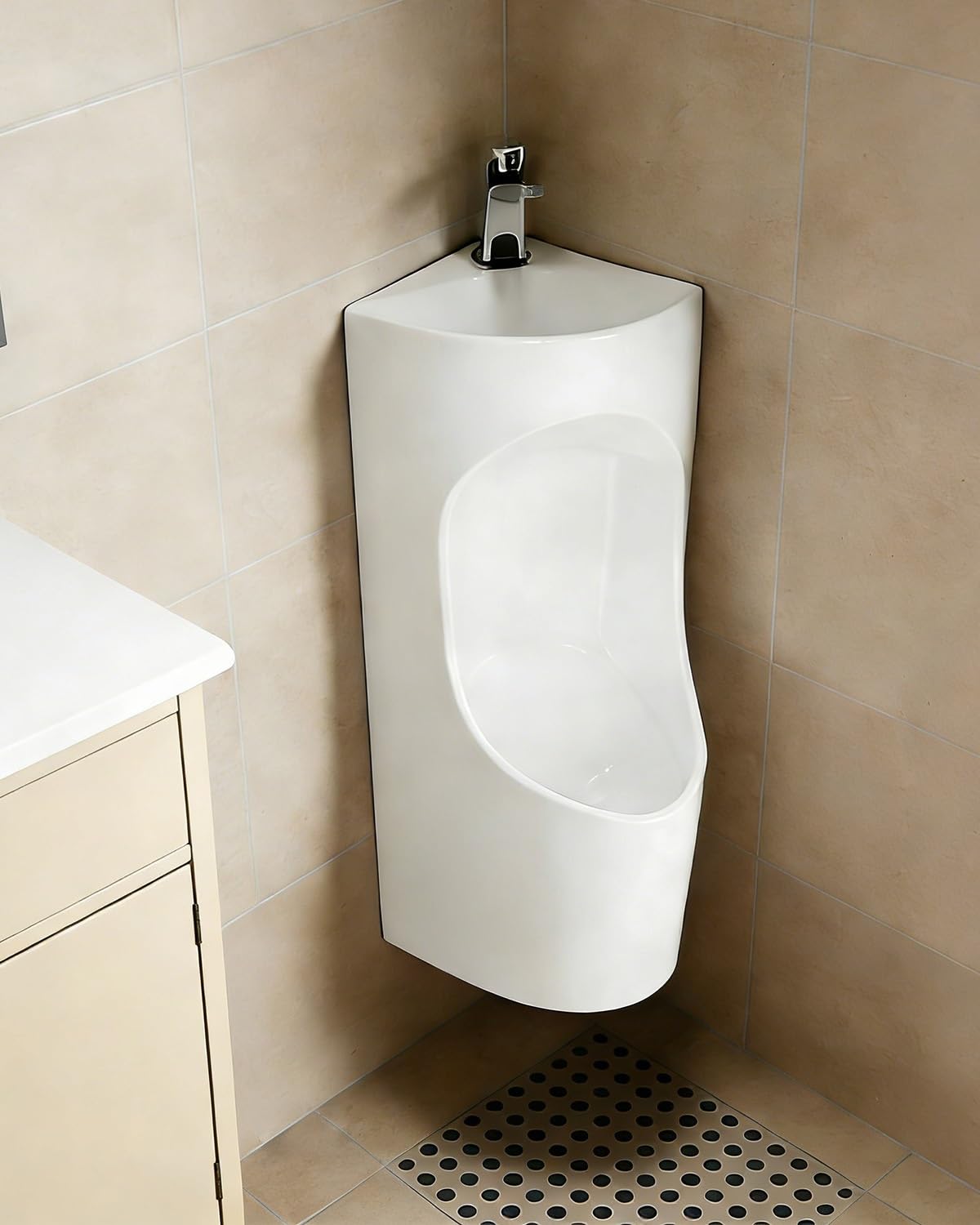 Keramik Wand Urinal Herren mit Spülventil und Waschbecken, Leicht zu reinigen Haushalt Badezimmer Toilette für Garage, Schuppen oder Hotel