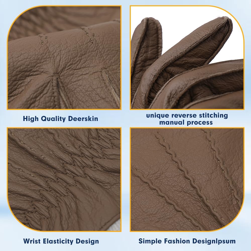 MGGMOKAY Mens Leather Gloves Cashmere Lined Soft Deerskin Leather Gloves - Image 3