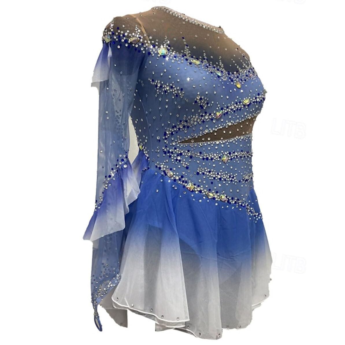 purpleq Professionelles Eiskunstlauf Wettkampf Kleid Gradient Langärmliges Eislauf Performance Kostüm für Mädchen Gymnastik Trikots Activewear Kristall/Strass Rollschuhkleid