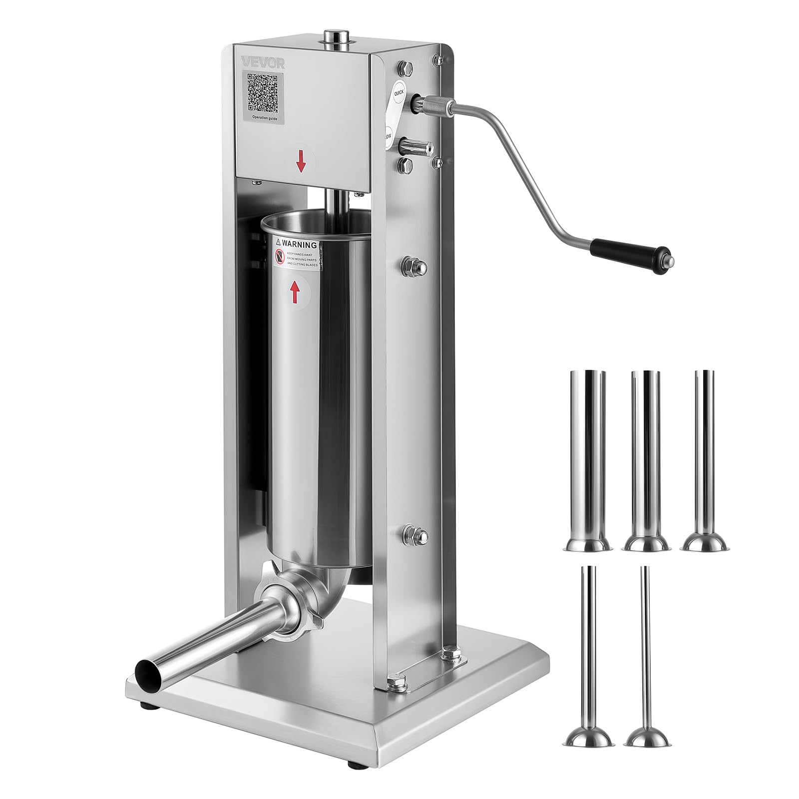 VEVOR Embutidora Manual de Salchichas de 5 L, Máquina de Llenado Vertical de Carne con 2 Velocidades de Rápida/Lenta, Acero Inoxidable Resistente, con 5 Tubos de Embutido, 490 x 300 x 660 mm