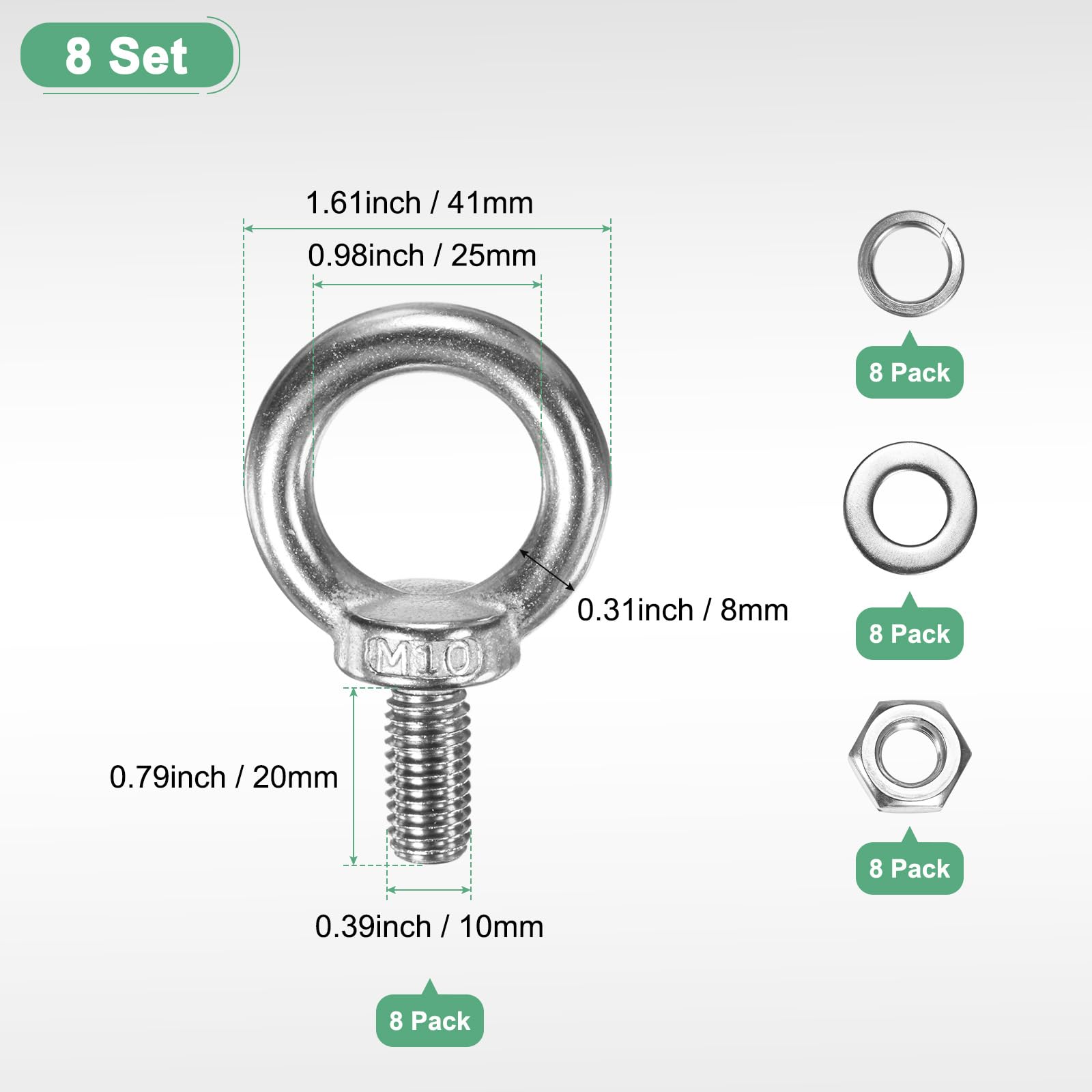M METERXITY 8-Sets Stainless Eyebolt M10x20mm Shoulder Lifting Eye Bolt with Nuts Washers Male Screw Thread Ring Shoulder Eye Bolts Length 0.79 Inch for Suspending/Fastening - Image 3