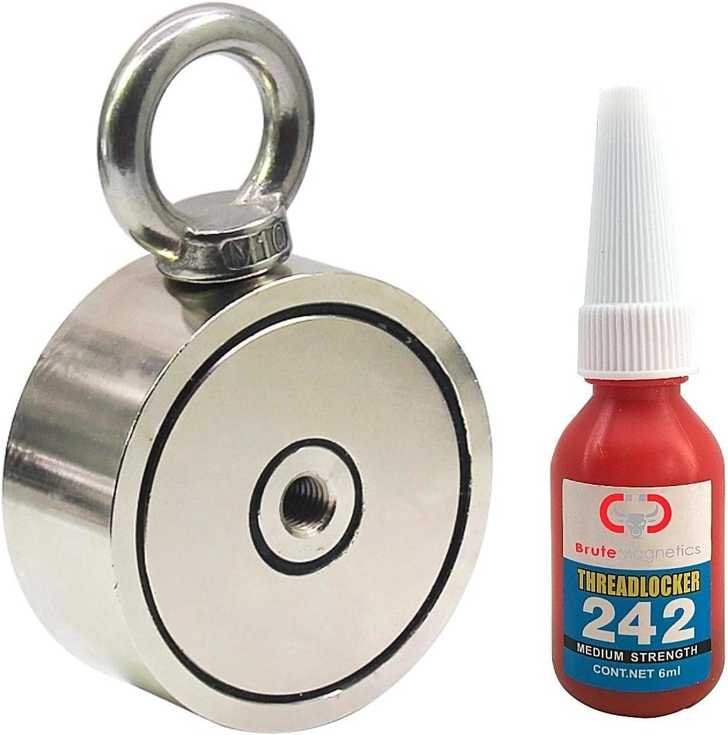 Brute Magnetics 1200 lb Single Sided Fishing Magnet | 2.95" Rare Earth Neodyminum Fishing Magnet| Includes Eyebolt and Threadlocker | Strong Magnets for Fishing in Lakes or River