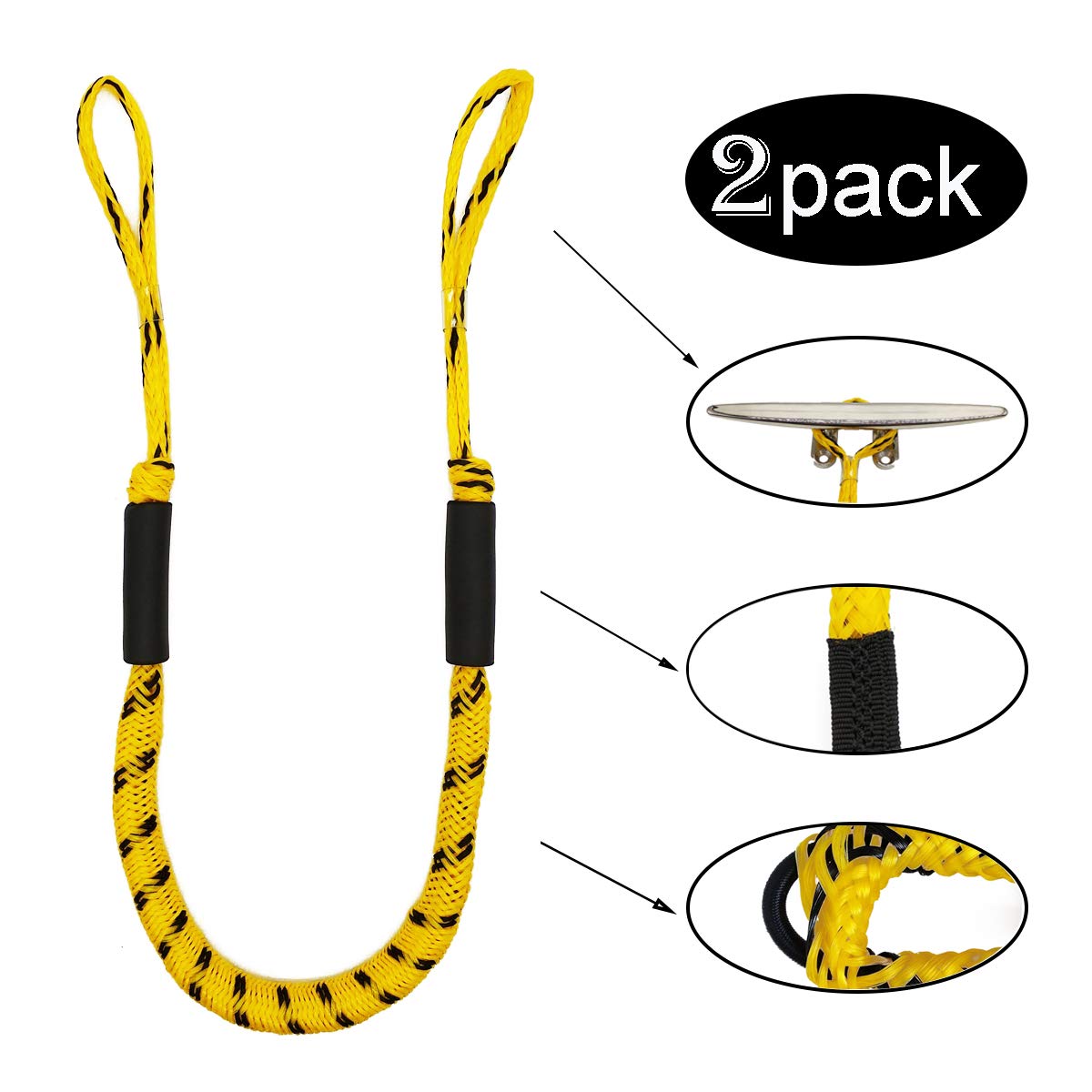 Jranter Dock Lines Mooring Ropes for Boat 2 Pack 4-5.5 ft Bungee Cord for Boat Accessories