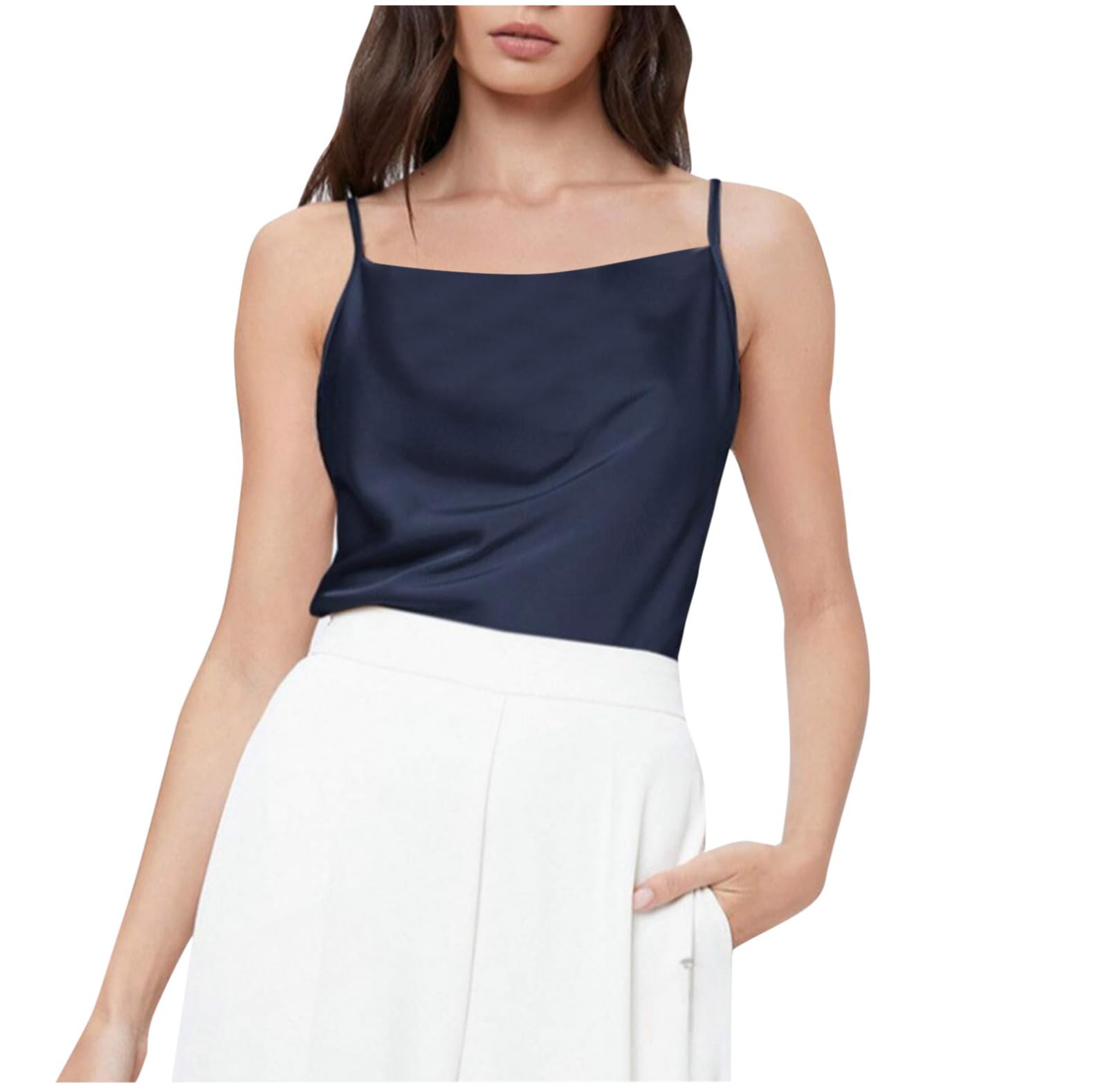 Generic Womens Silk Satin Tank Tops Dressy Square Neck Adjustable Strap Camisole Silky Loose Sleeveless Summer Basic Blouse