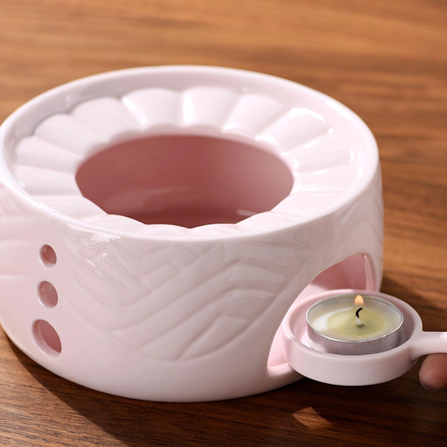 Ceramic Teapot Warmer Soft Pink Ceramic Stacked Ring Texture Vent Holes Side Candle Tray for Heating Coffee Milk Tea Warmer