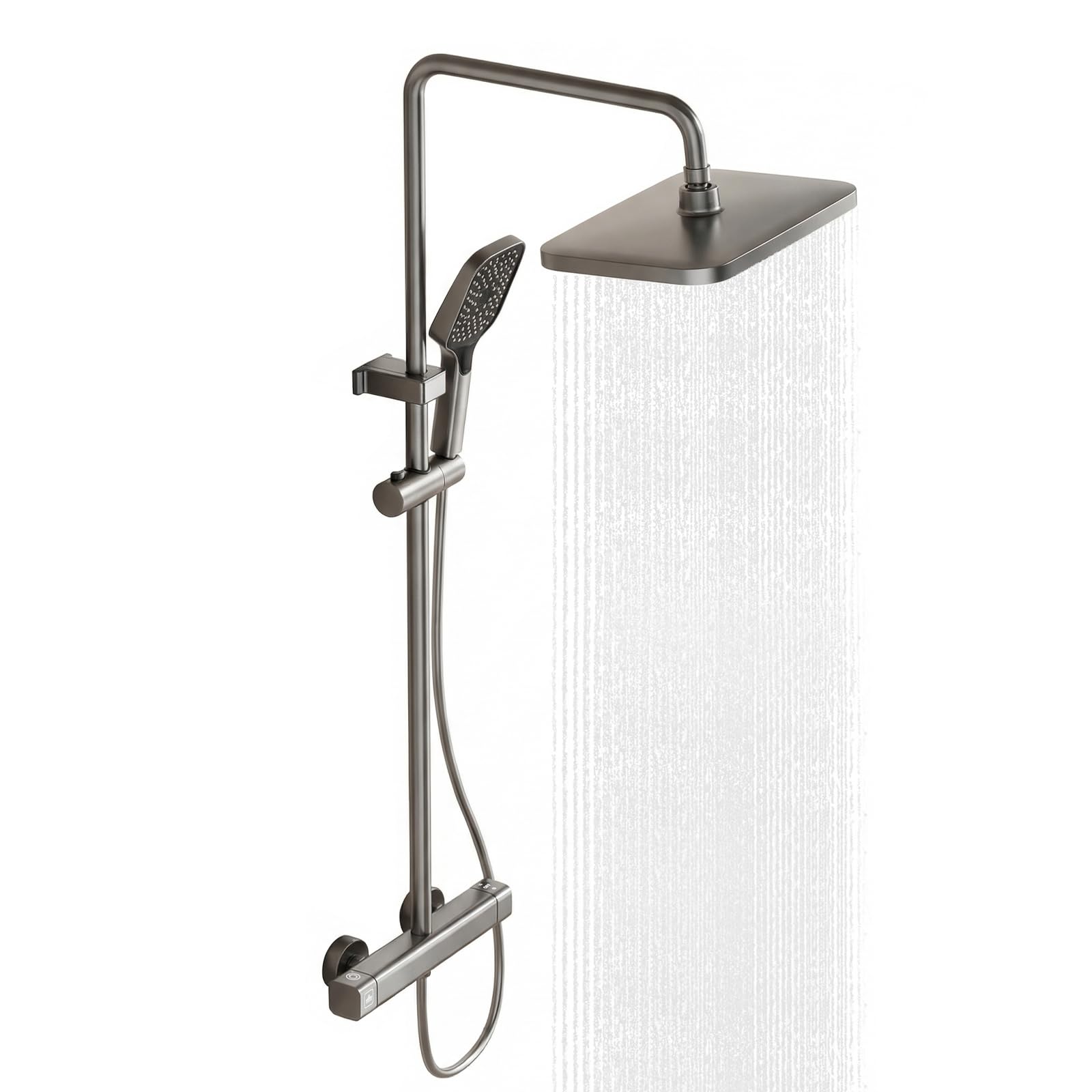 Thermostatic Shower Mixer Set with Adjustable Shower Riser Rail Kit (85–145 cm), Bathroom Shower System with Adjustable Square Rainfall Shower Head and Handheld Shower