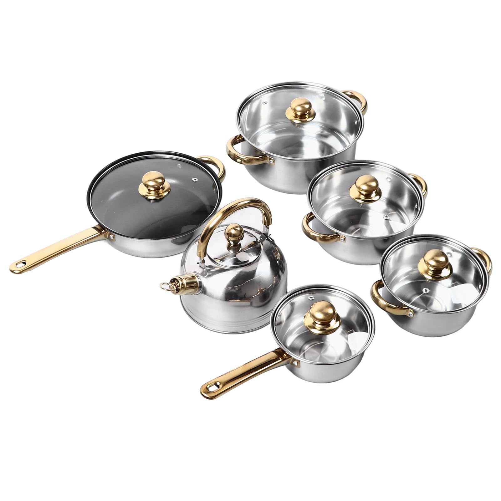 Set di pentole e padelle da in acciaio inossidabile da 12 pezzi con manici dorati Set completo di pentole e padelle per casalinga Dimensioni multiple Compatibile con induz