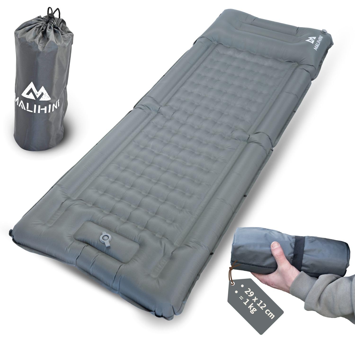 MALIHINI Camping Isomatte selbstaufblasend | Fußpumpe & Kissen | 10 cm dick | Aufblasbar ultraleicht Luftmatratze Schlafmatte Campingmatte Isoliermatte Trekking Outdoor Motorrad Bikepacking koppelbar