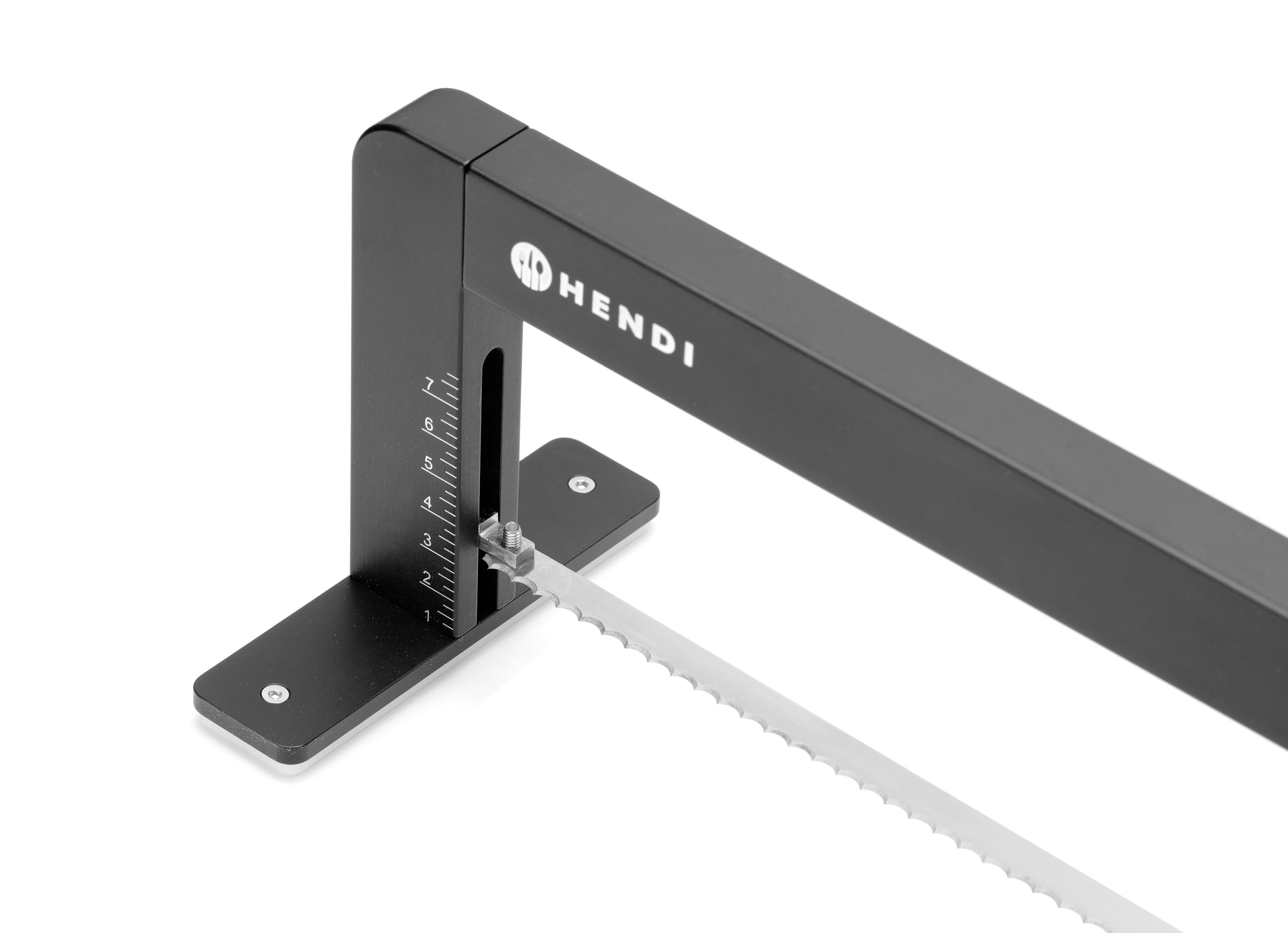 HENDI Sierra manual profesional de repostería, hoja ajustable, para cortar masa de tartas en capas, cortador, rebanadora, niveladora de biscocho, 620x120x(H)130mm, acero inoxidable, aluminio, negro