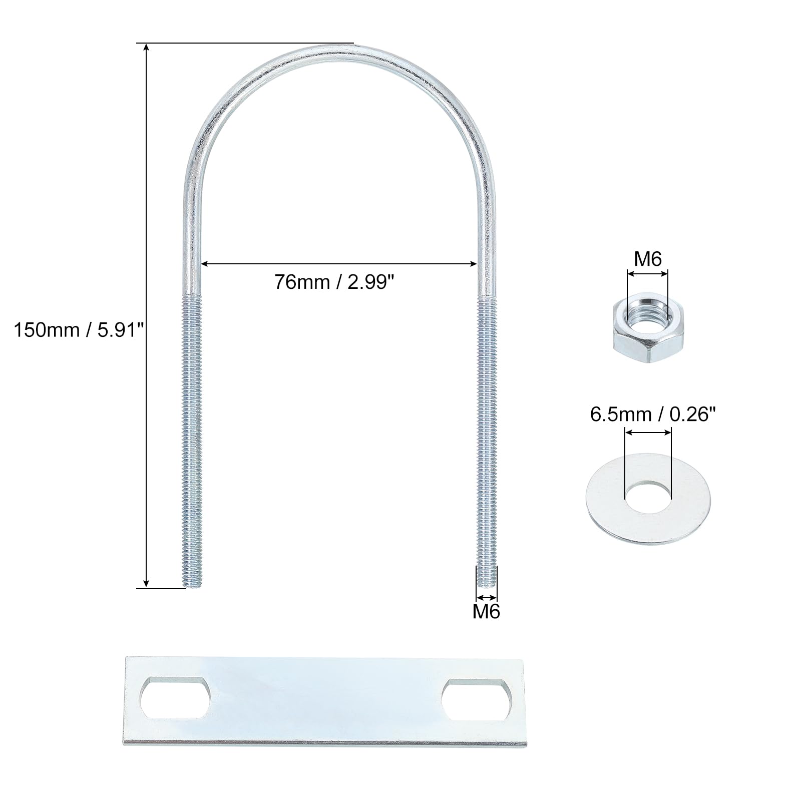 QUARKZMAN Bulloni a U Rotondi, 8 Set 76mm Larghezza Interna 150mm Lunghezza M6 Bullone a U in Acciaio al Carbonio Zincato con Dadi e Piastre, per Rimorchi Nautici