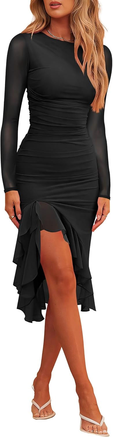 Nova In Sky Women's 2025 Fall Wedding Guest Dress Mesh Long Sleeve Ruffle Formal Cocktail Party Ruched Bodycon Midi Dresses